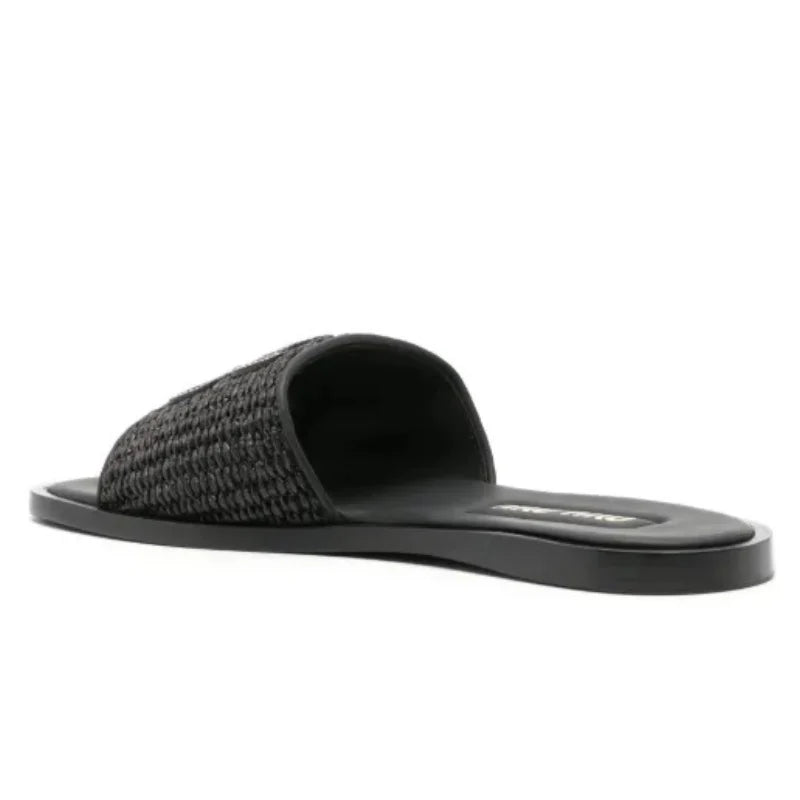 MIU MIU Raffia-effect woven fabric slides black
