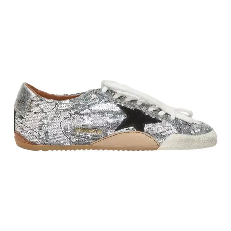 Golden Goose Women's True-Star in silver sequins with black star and silver leather heel tab