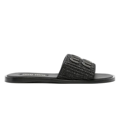 MIU MIU Raffia-effect woven fabric slides black