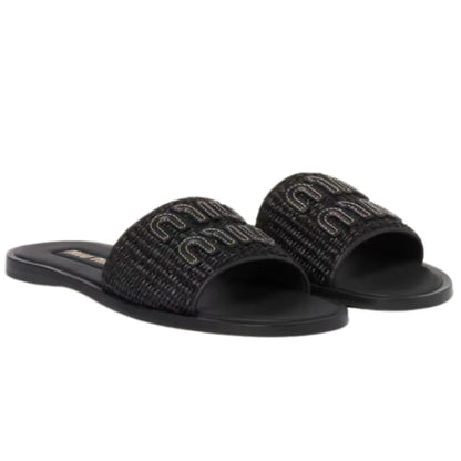 MIU MIU Raffia-effect woven fabric slides black